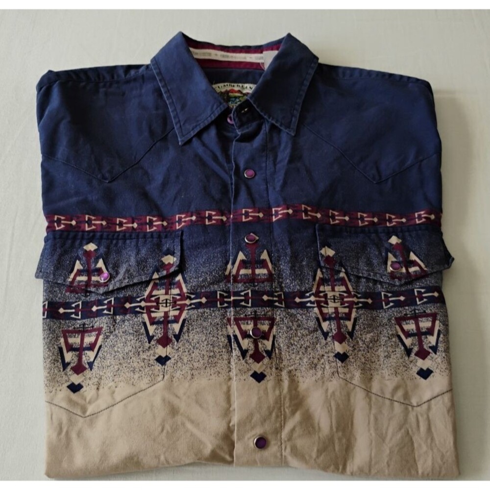 Vintage Cumberland Outfitters Shirt Mens M/L Aztec Western Pearlized Snaps 90s